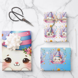 Niedlicher Cartoon Kawaii Kitty Cat Happy Birthday Geschenkpapier Set