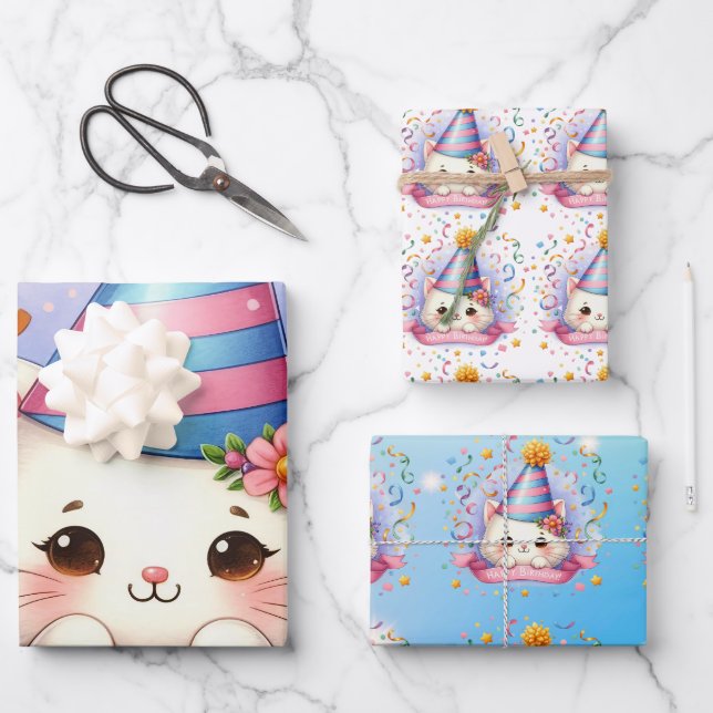 Niedlicher Cartoon Kawaii Kitty Cat Happy Birthday Geschenkpapier Set (Vorderseite)