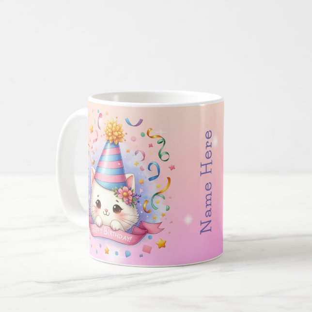Niedlicher Cartoon Kawaii Kitty Cat Happy Birthday Kaffeetasse (Vorderseite Links)