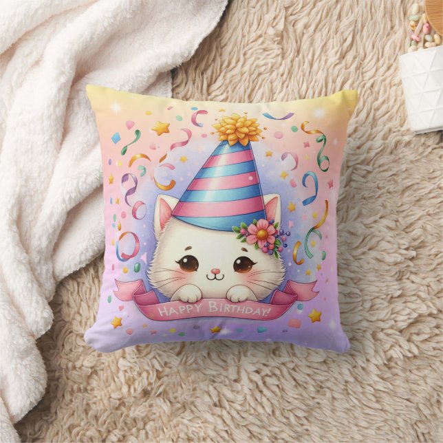 Niedlicher Cartoon Kawaii Kitty Cat Happy Birthday Kissen (Decke)