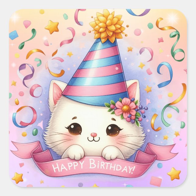 Niedlicher Cartoon Kawaii Kitty Cat Happy Birthday Quadratischer Aufkleber (Vorderseite)