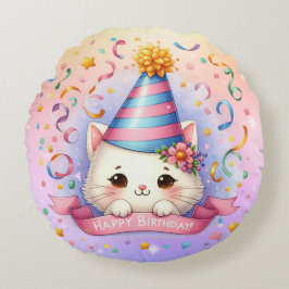 Niedlicher Cartoon Kawaii Kitty Cat Happy Birthday Rundes Kissen