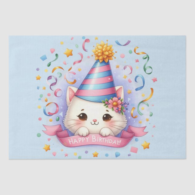 Niedlicher Cartoon Kawaii Kitty Cat Happy Birthday Seidenpapier (Vorderseite)