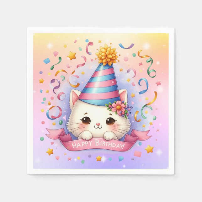 Niedlicher Cartoon Kawaii Kitty Cat Happy Birthday Serviette (Vorderseite)