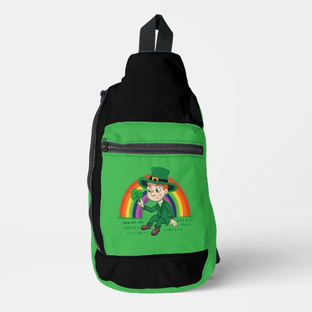 Niedlicher Cartoon-Kobold mit Kleeblatt und Regenb Crossbody Bag (Vorderseite)