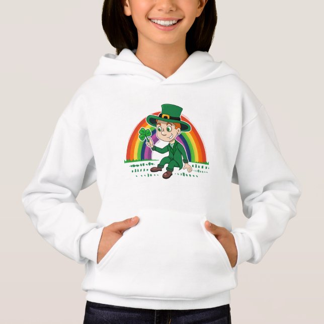 Niedlicher Cartoon-Kobold mit Kleeblatt und Regenb Hoodie (Vorderseite)