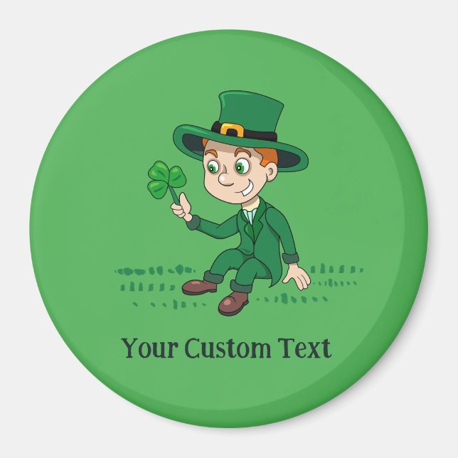 Niedlicher Cartoon-Kobold mit Kleeblatt und Regenb Magnet (Vorne)