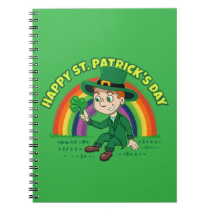 Niedlicher Cartoon-Kobold mit Kleeblatt und Regenb Notizblock