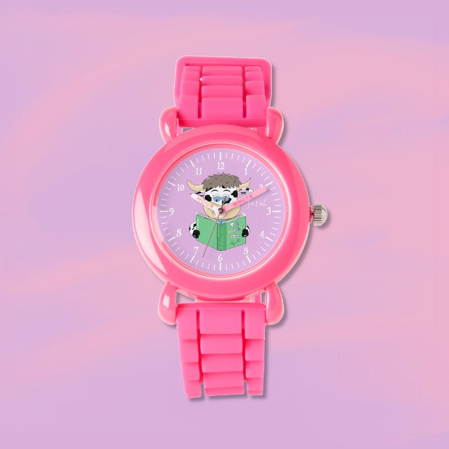 Niedlicher Cartoon Kuh Girl Pink Watch Armbanduhr (Fun reading cow girl pink watch .)