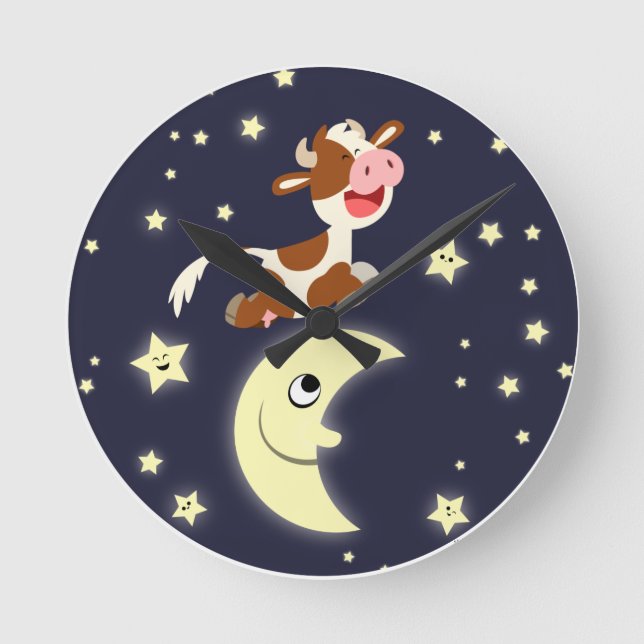 Niedlicher Cartoon Kuh sprang über die MondUhr Runde Wanduhr (Vorderseite)