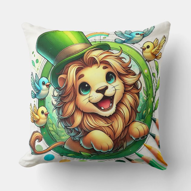Niedlicher Cartoon Lion mit Grünhut Kissen (Vorderseite)