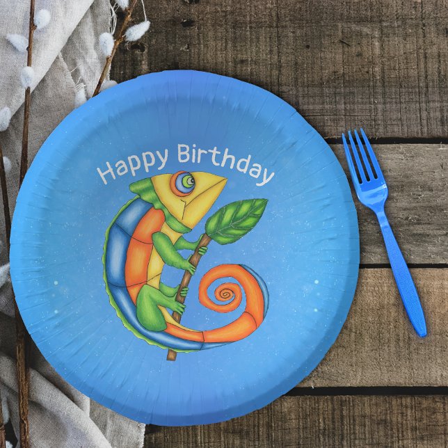 Niedlicher Cartoon Lizard Leaf Birthday Pappteller (Cute Lizard holding twig with leaf in bright colours on Happy Birthday paper party bowls.)