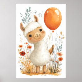 Niedlicher Cartoon Llama Holding Orange Balloon Po Poster