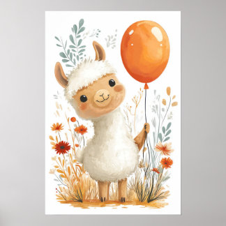 Niedlicher Cartoon Llama Holding Orange Balloon Po Poster