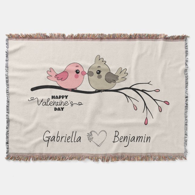 Niedlicher Cartoon Lovebirds auf dem Ast Valentins Decke (Vorderseite)