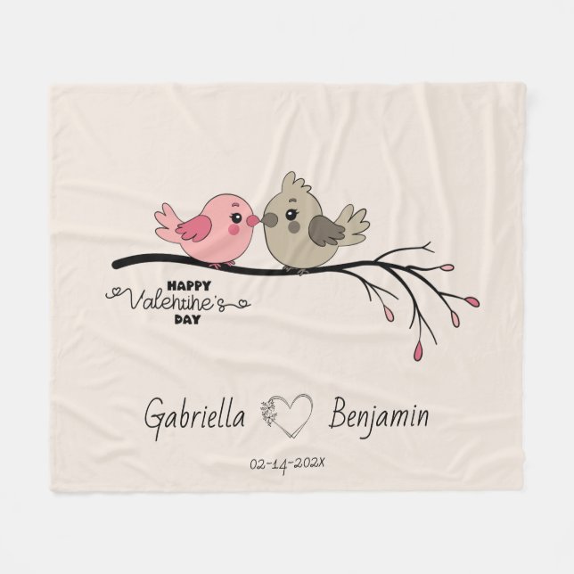 Niedlicher Cartoon Lovebirds auf dem Ast Valentins Fleecedecke (Vorderseite (Horizontal))