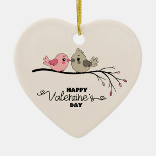 Niedlicher Cartoon Lovebirds auf dem Ast Valentins Keramik Ornament