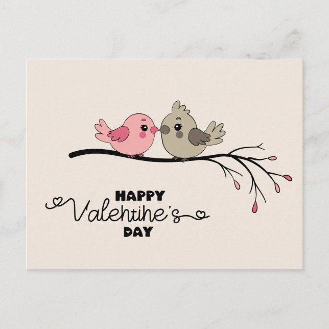 Niedlicher Cartoon Lovebirds auf dem Ast Valentins Postkarte (Vorderseite)