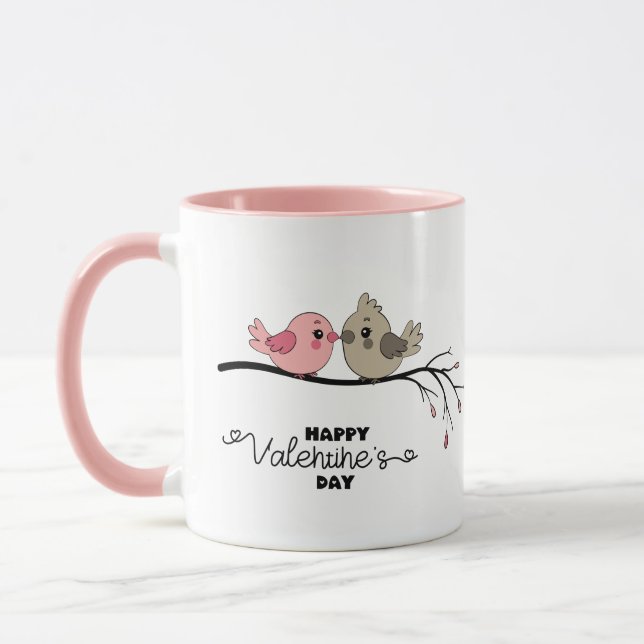 Niedlicher Cartoon Lovebirds auf dem Ast Valentins Tasse (Links)