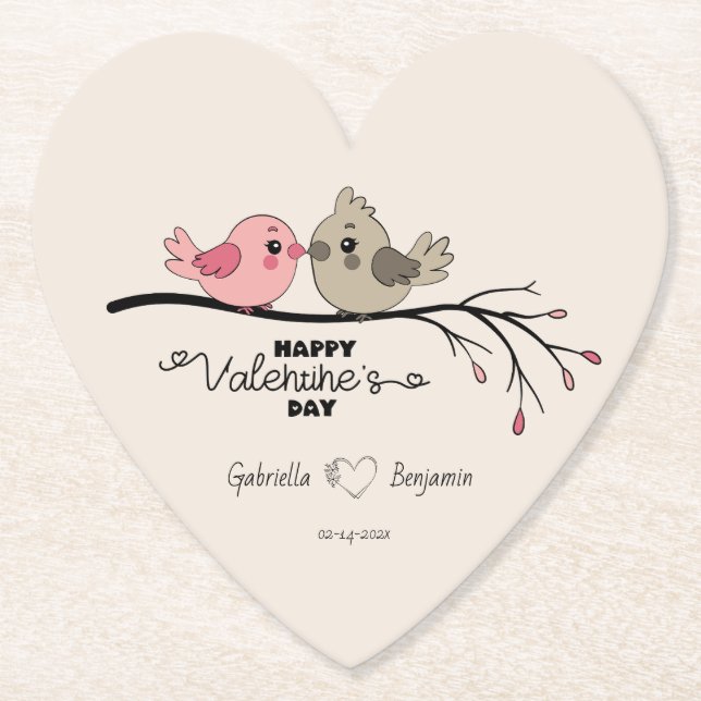Niedlicher Cartoon Lovebirds auf dem Ast Valentins Untersetzer (Vorderseite)