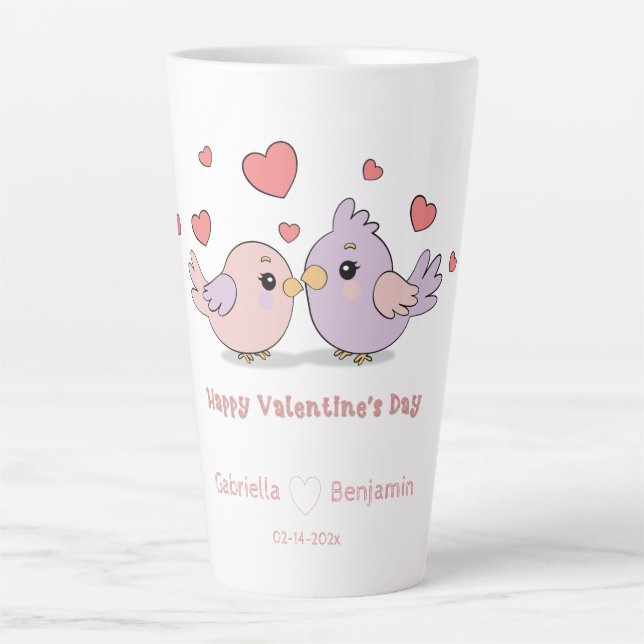 Niedlicher Cartoon Lovebirds Rosa Herzchen Valenti Milchtasse (Vorderseite)