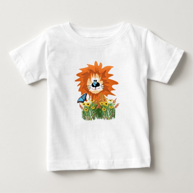 Niedlicher Cartoon Löwe im Blumengarten Baby T-shirt (Vorderseite)