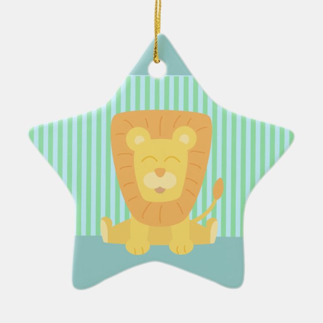 Niedlicher Cartoon-Löwe mit Streifenhintergrund Keramik Ornament (Vorne)