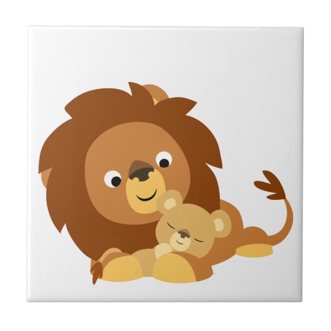 Niedlicher Cartoon Löwe Vater und Cub Tile Fliese (Vorderseite)