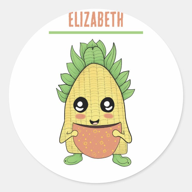 Niedlicher Cartoon Mais, der Kaffee trinkt, Maisli Runder Aufkleber (Vorderseite)