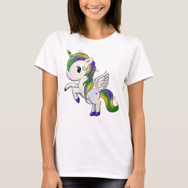 Niedlicher Cartoon Mardi Gras Unicorn Pegasus T-Shirt (Vorderseite)