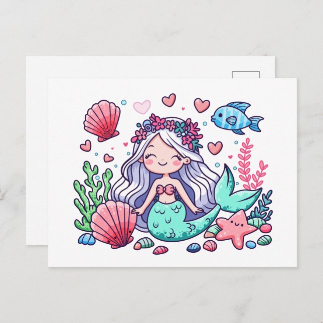 Niedlicher Cartoon Mermaid Postkarte (Vorne/Hinten)