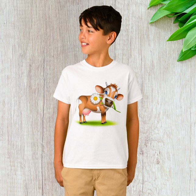 Niedlicher Cartoon Milchkühe mit Blume und Gras T-Shirt (Von Creator hochgeladen)