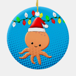 Niedlicher Cartoon Octopus Weihnachtsmannmütze Wei Keramik Ornament