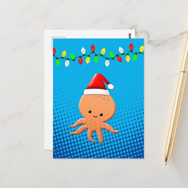 Niedlicher Cartoon Octopus Weihnachtsmannmütze Wei Postkarte (Vorderseite/Rückseite Beispiel)