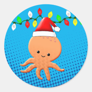 Niedlicher Cartoon Octopus Weihnachtsmannmütze Wei Runder Aufkleber
