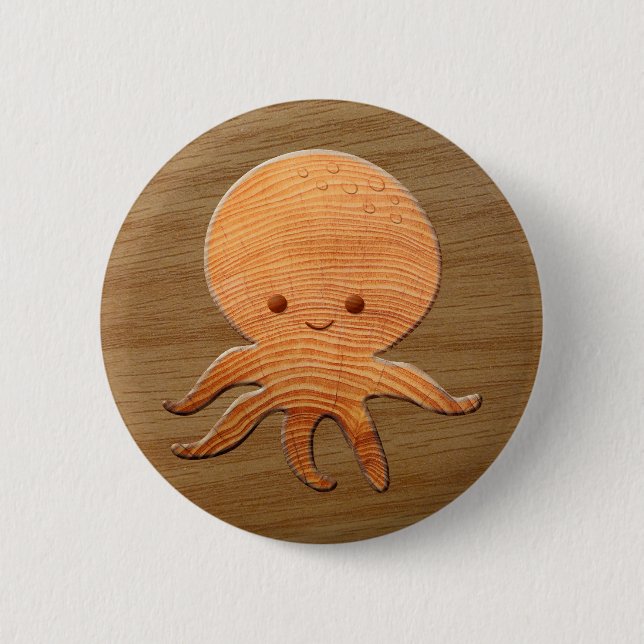 Niedlicher Cartoon Oktopus mit Imitaten Holzdruck Button (Vorderseite)