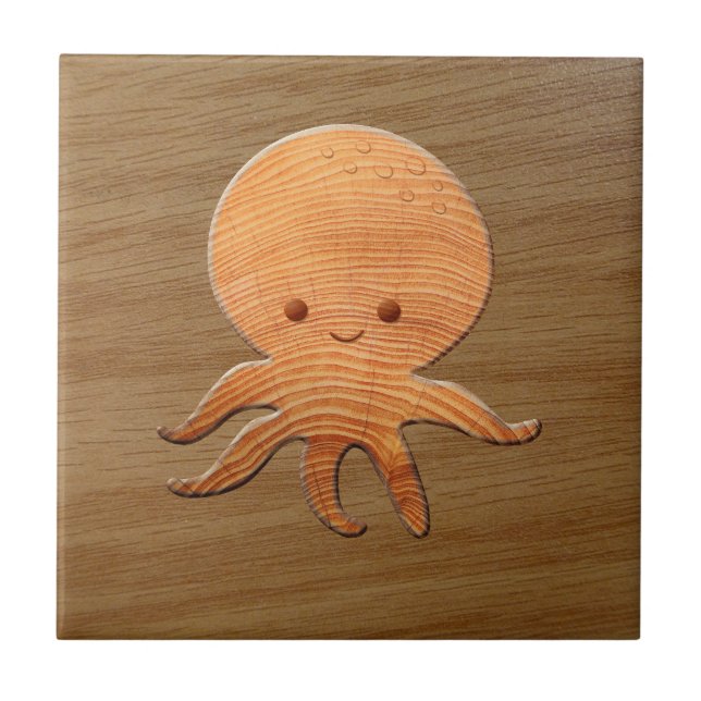 Niedlicher Cartoon Oktopus mit Imitaten Holzdruck Fliese (Vorderseite)