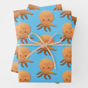 Niedlicher Cartoon Oktopus mit Imitaten Holzdruck Geschenkpapier Set