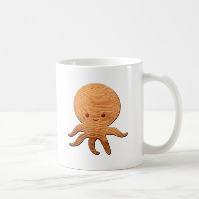 Niedlicher Cartoon Oktopus mit Imitaten Holzdruck Kaffeetasse (Rechts)