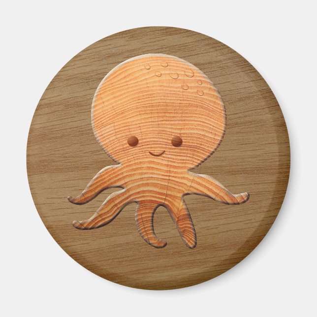 Niedlicher Cartoon Oktopus mit Imitaten Holzdruck Magnet (Vorne)