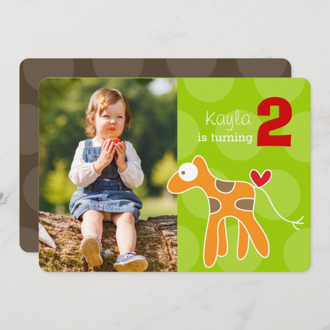 Niedlicher Cartoon Orange Giraffe Foto Kind Geburt Einladung (Vorne/Hinten)