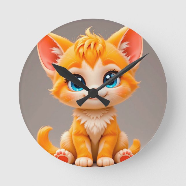 Niedlicher Cartoon Orange Kitten Runde Wanduhr (Vorderseite)