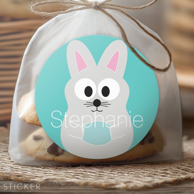 Niedlicher Cartoon Osterhase mit Individuelle Name Runder Aufkleber (Custom Sticker)