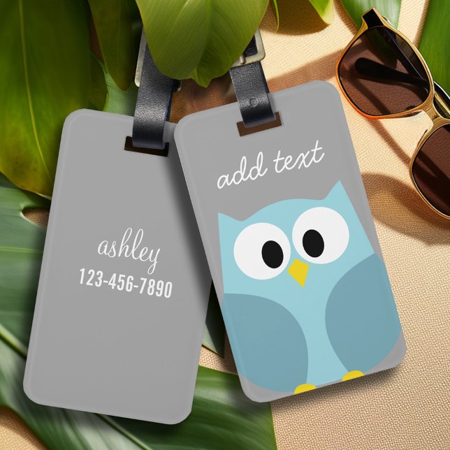 Niedlicher Cartoon Owl - Blauer und Grauer Individ Gepäckanhänger (Personalized Luggage Tag)