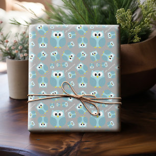 Niedlicher Cartoon Owl - Blauer und Grauer Individ Geschenkpapier