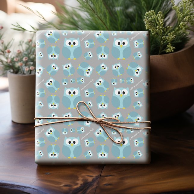 Niedlicher Cartoon Owl - Blauer und Grauer Individ Geschenkpapier (Personalized Wrapping Paper)