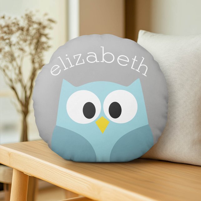 Niedlicher Cartoon Owl - Blauer und Grauer Individ Rundes Kissen (Custom Pillow)