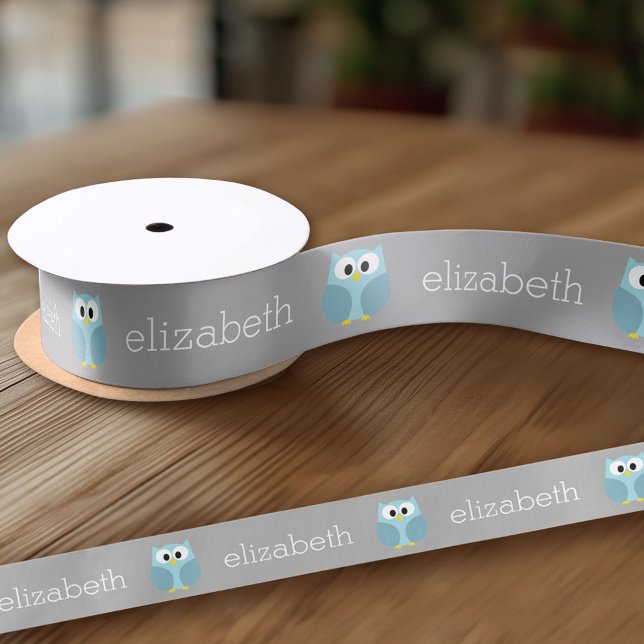 Niedlicher Cartoon Owl - Blauer und Grauer Individ Satinband (Custom Ribbon on a Roll - Personalize this ribbon with you text)