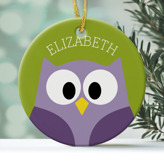 Niedlicher Cartoon Owl Lila und Pistachio Individu Keramikornament (Personalized Owl Ornament)