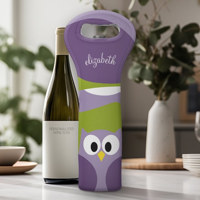 Niedlicher Cartoon Owl Lila und Pistachio Individu Weintasche (Personalized Wine Tote - Add Your Monogram or Customize completely in the advanced design area)